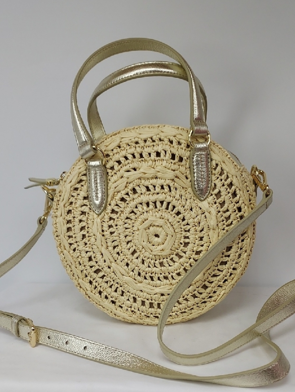 Talbots Cream Round Woven Crossbody Bag with Leather Metallic Trim